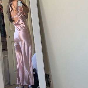small pink open back maxi satin dress